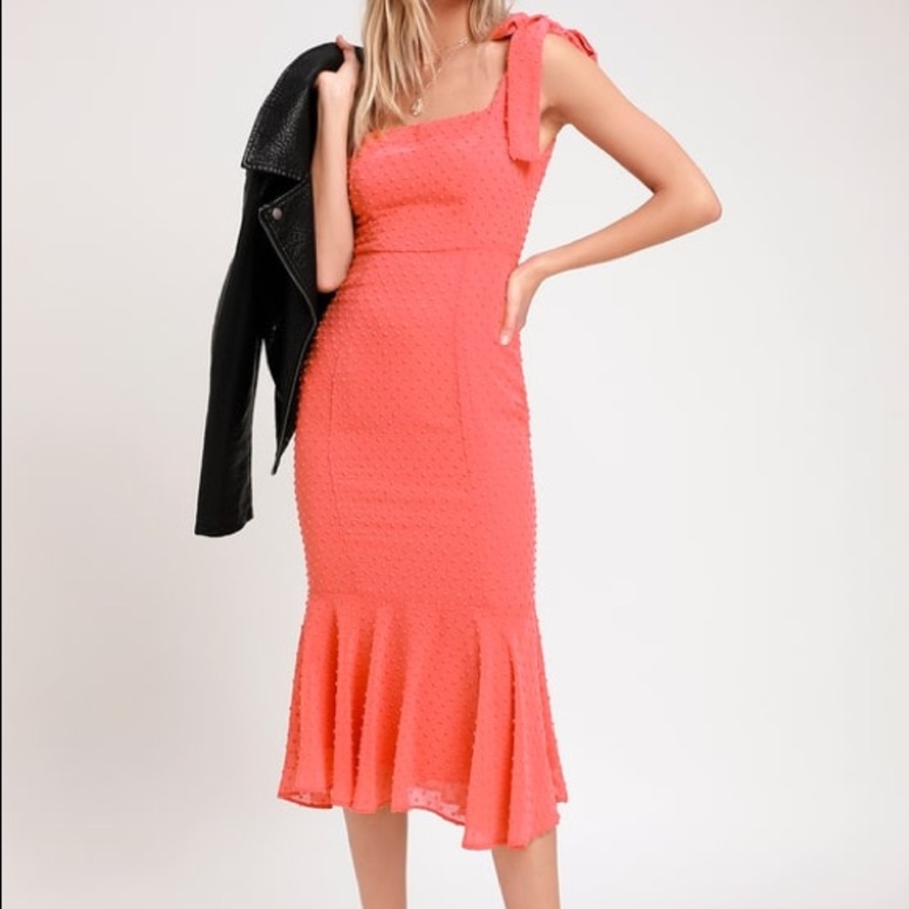 Lulus Bimini Coral Pink Swiss Dot Tie Strap Midi